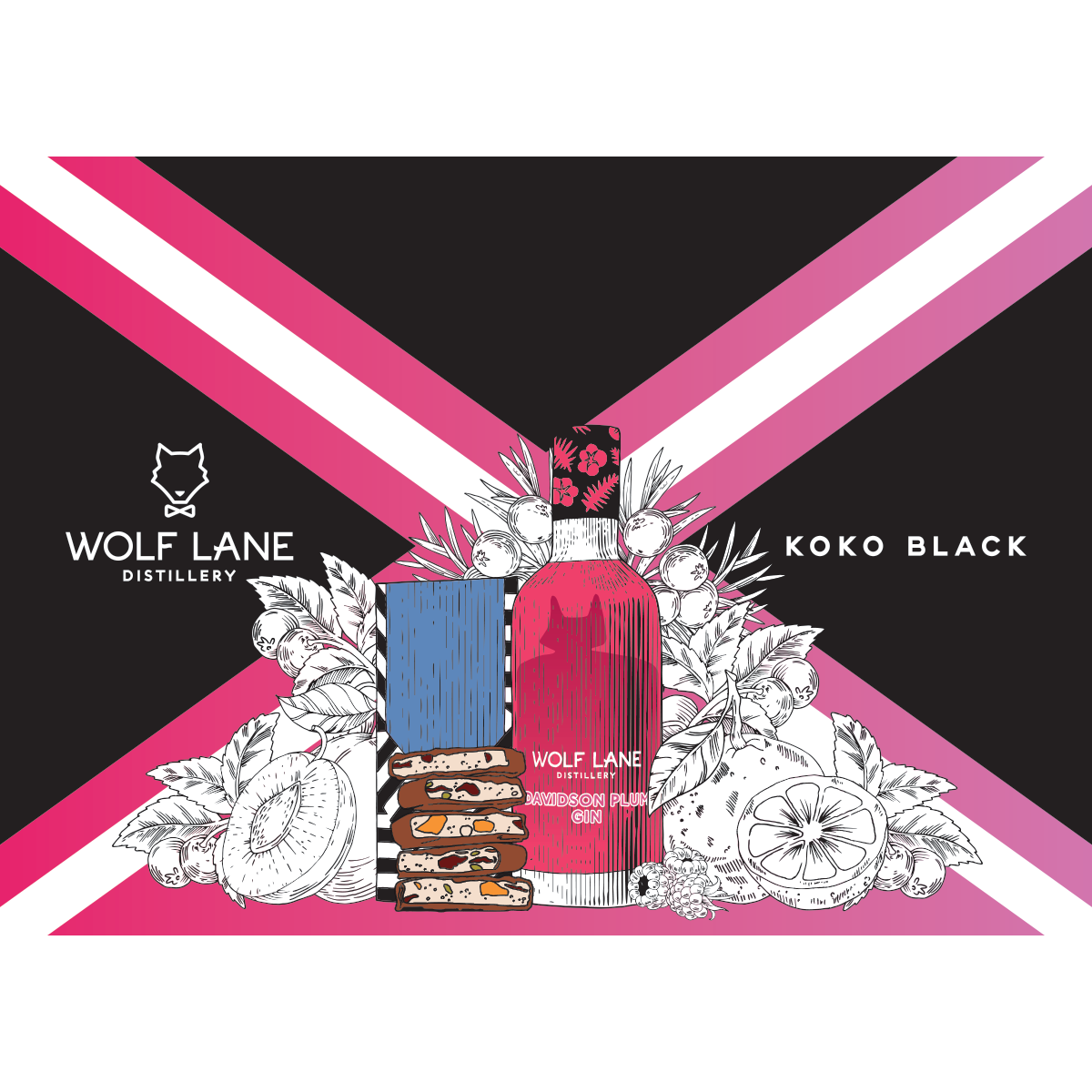 Illustration of gin bottle with fruit and chocolate on sides