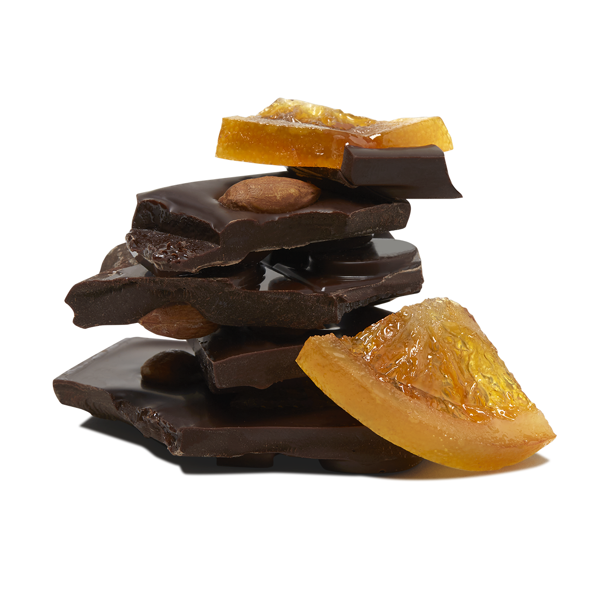 Broken chocolate pieces stacked together with orange segments