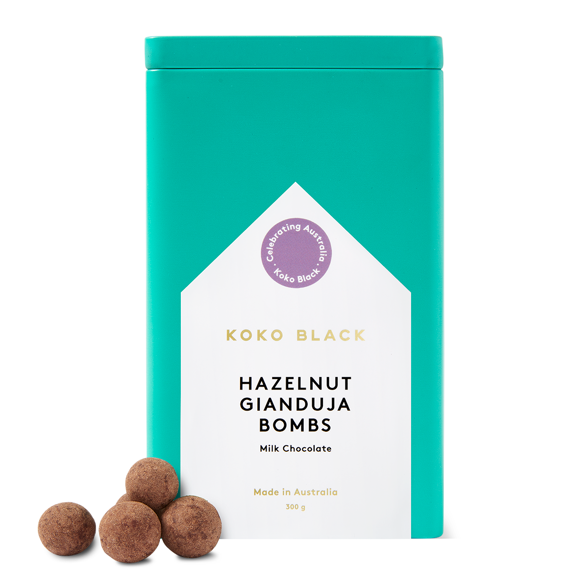 Dusted chocolate balls beside tin