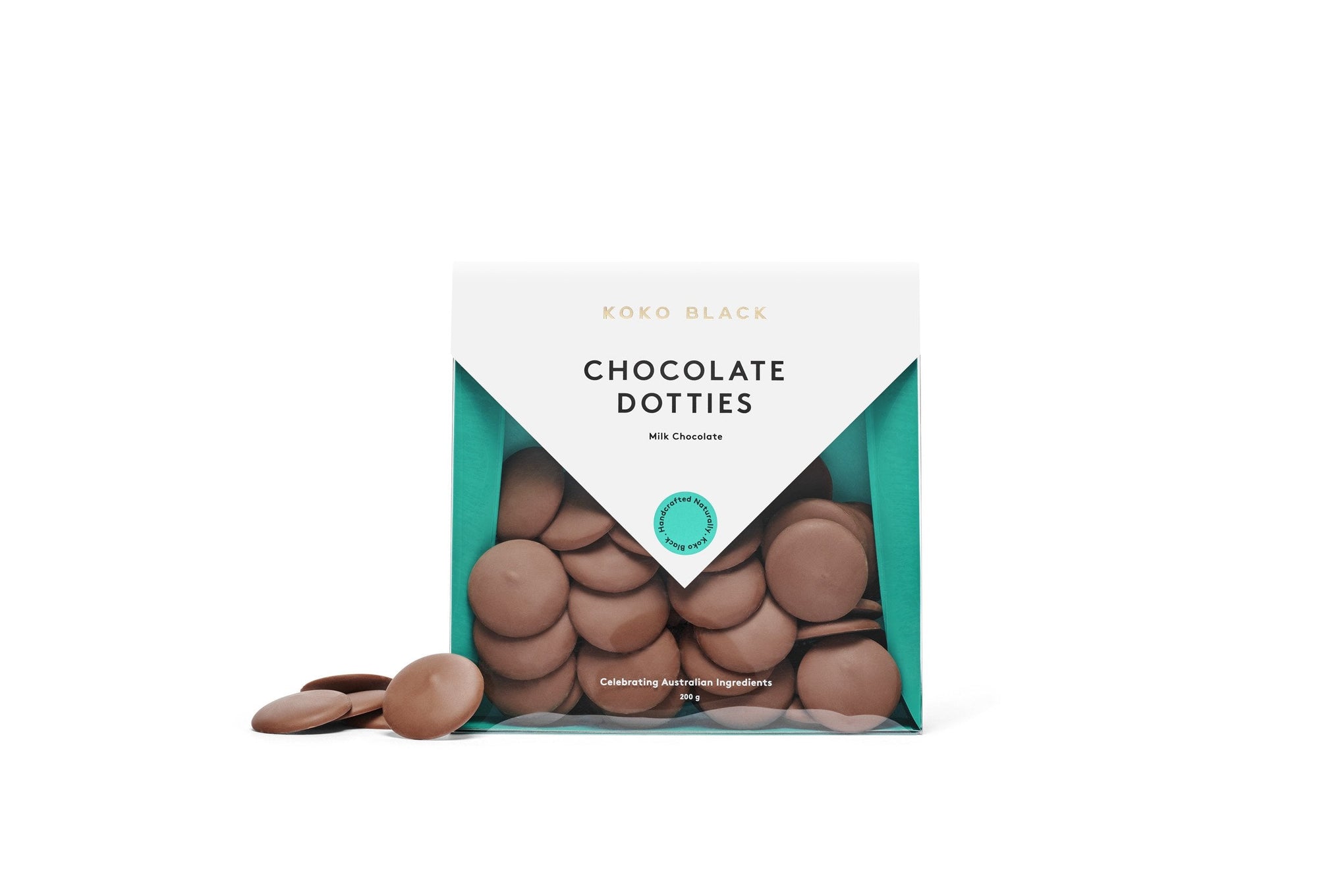 Chocolate dots beside packaging